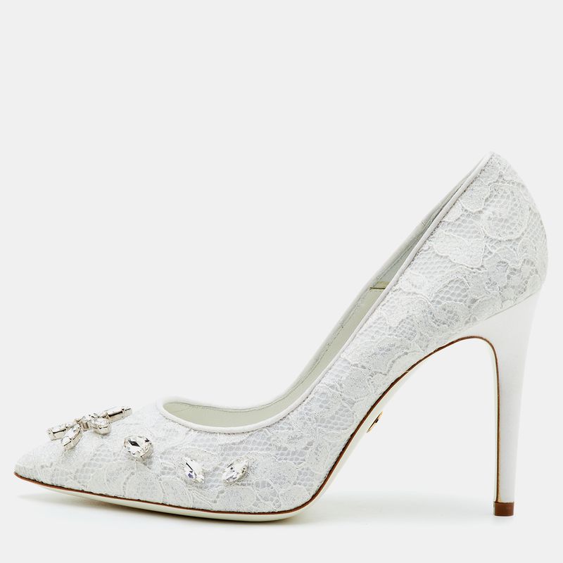 Loriblu Size 38.5 White Lace And Satin Pointed Toe Crystal Embellished Pumps